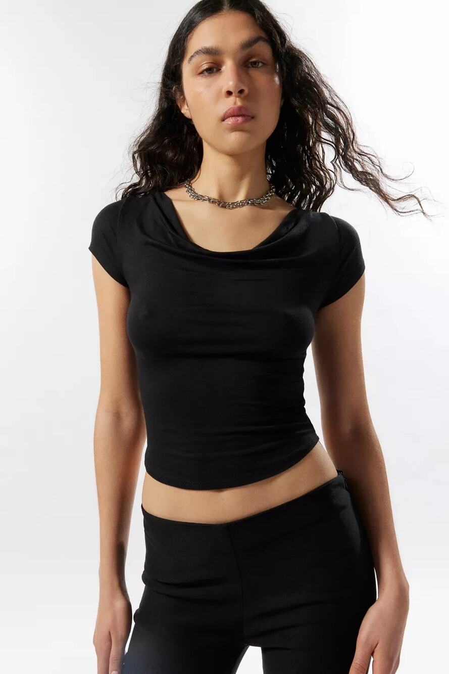 NWOT Silence + Noise Lara Cowl Neck Short Sleeve Top in Black Size Large